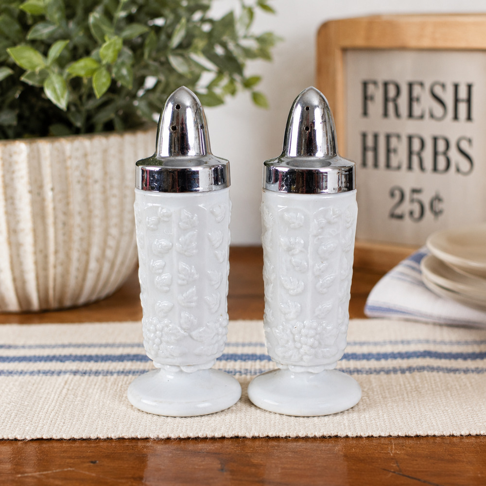 Vintage Westmoreland Milk Glass Grape Vine Salt & Pepper Shaker Set Chrome Tops